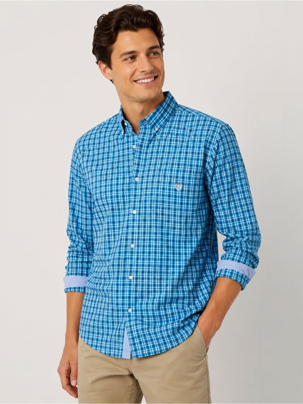 CHAPS Men’s Blue Plaid Button Down Shirt Long Sleeve Easy Care Size Large